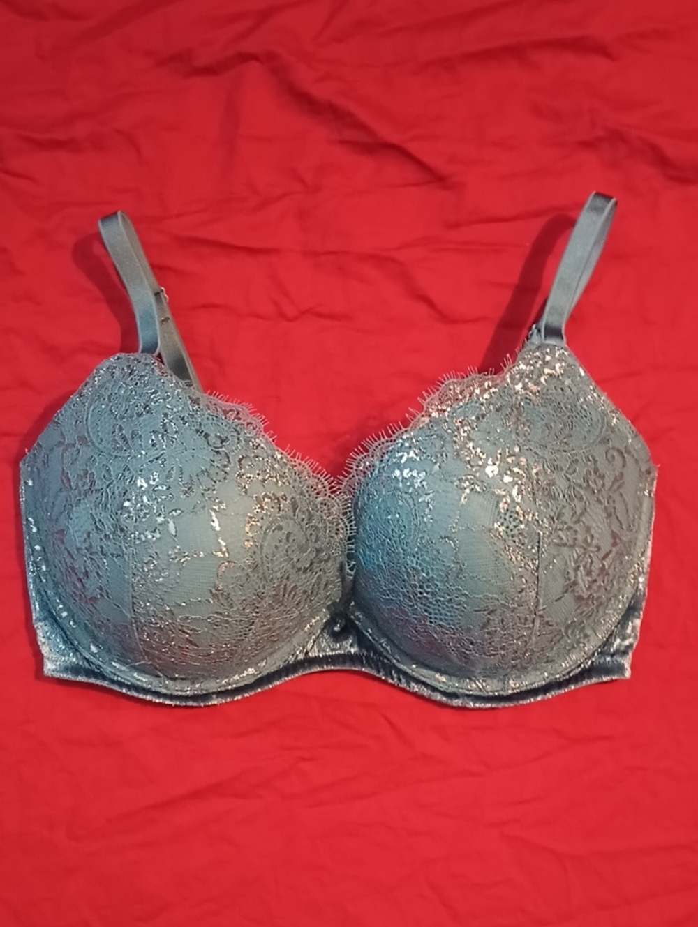 Victoria's Secret Teal Lace Sparkle Padded Bra Size 34ddd Push Up Like New